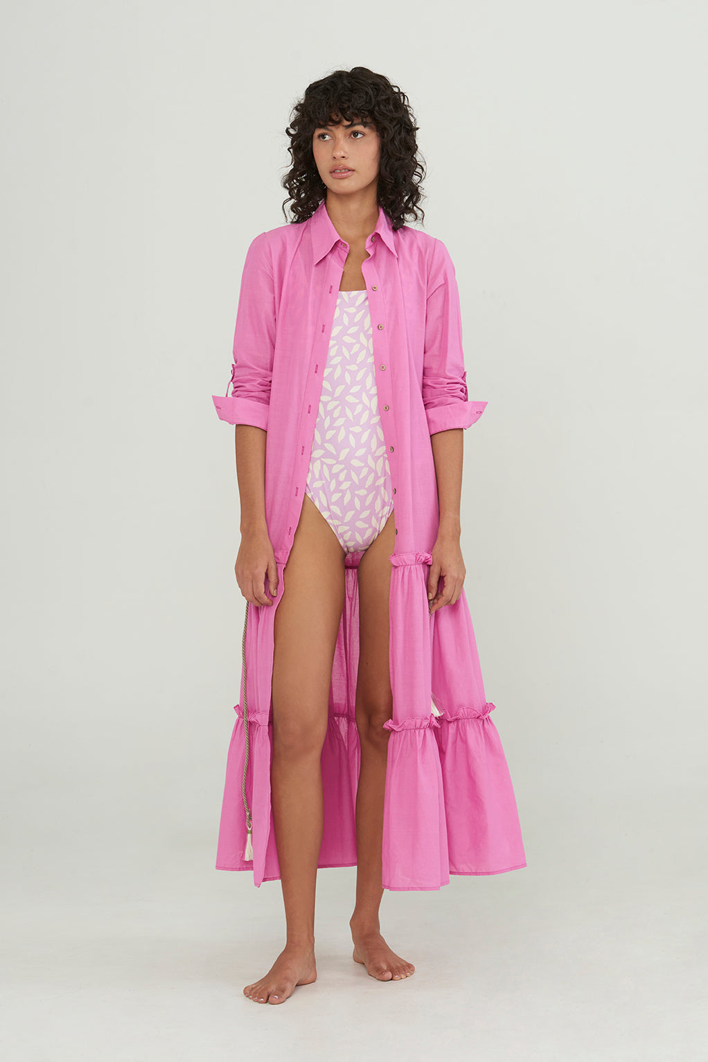 COTTON RUFFLED LONG CAMISOLE DAHLIA