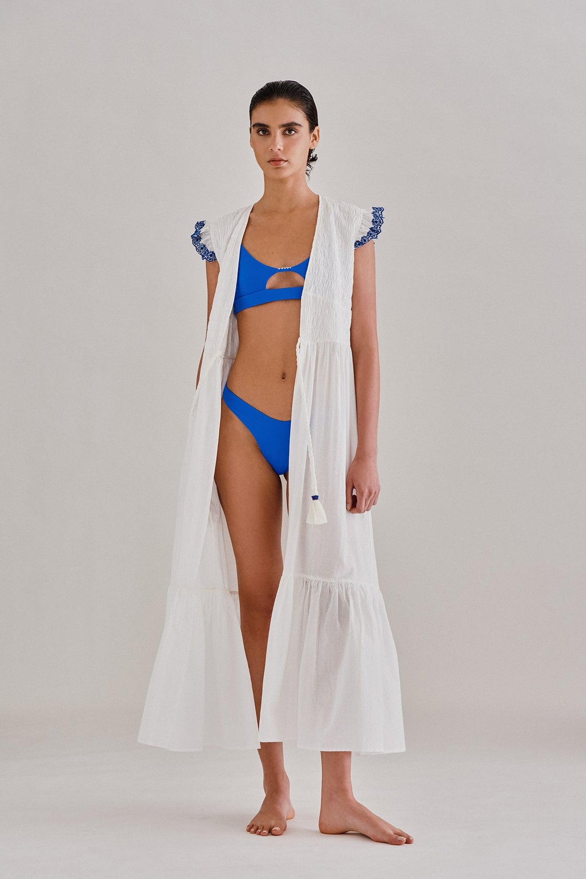 COVERUP SMOCKED EMBROIDERED SLEEVES IVORY-BLUE