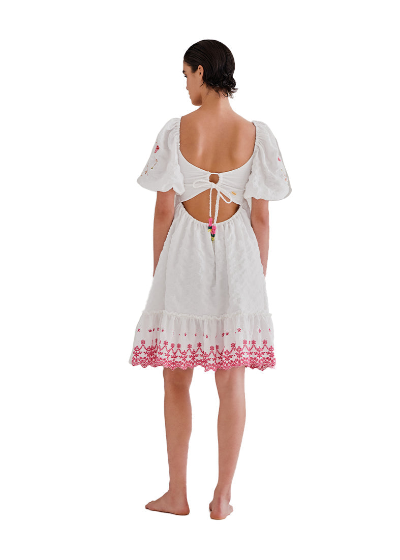 SMOCKED EMBROIDERED MINI DRESS IVORY