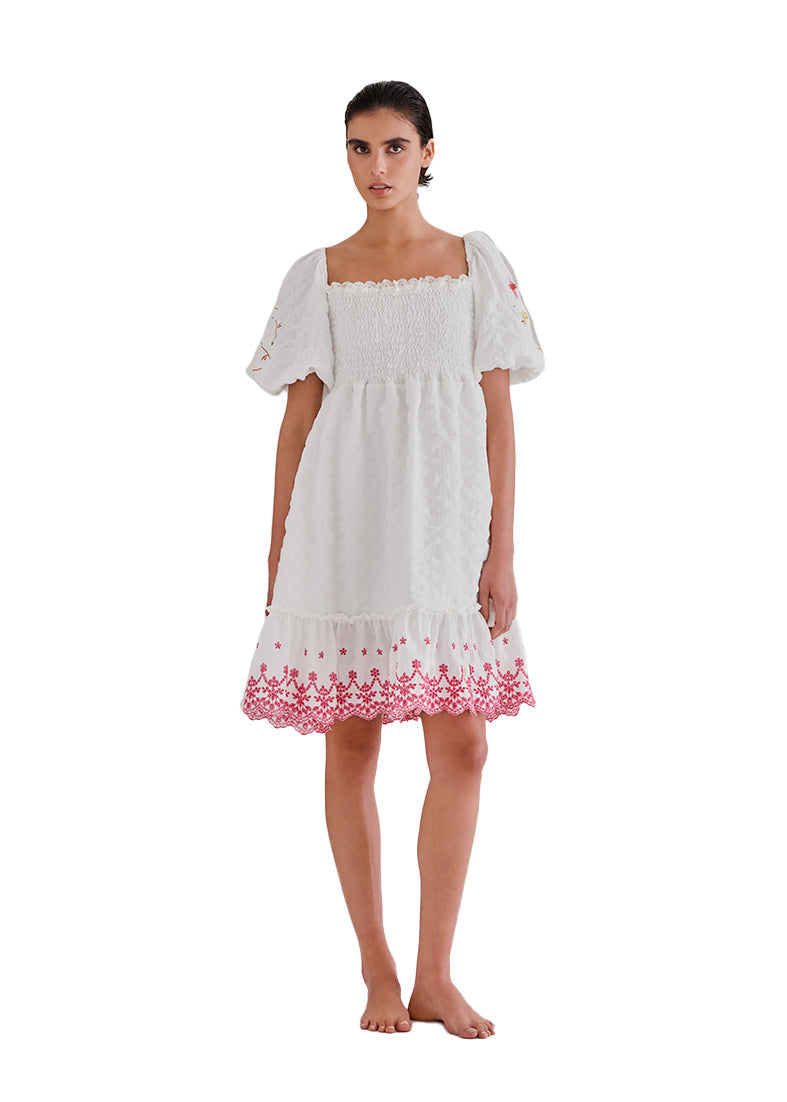 SMOCKED EMBROIDERED MINI DRESS IVORY